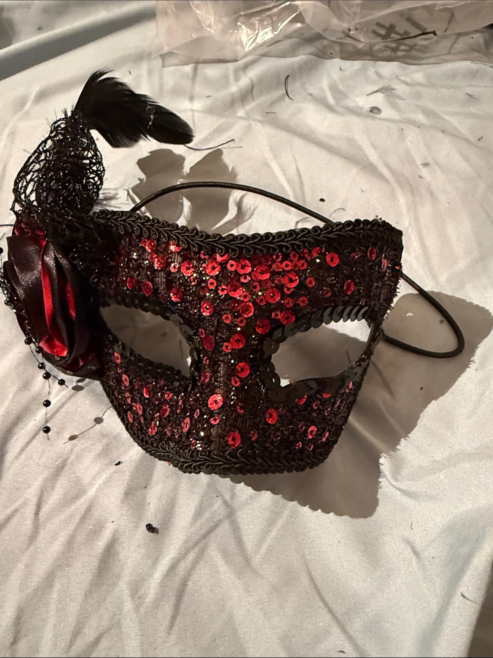 Sequin Venetian Eye Mask with Red Accents